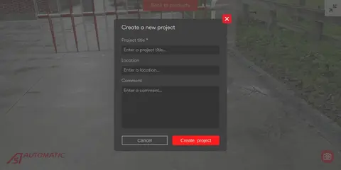 Automatic Systems app: an empty form in a popup allowing you to create a new project in the app
