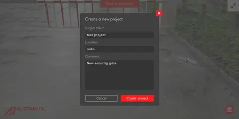 Automatic Systems app: a filled form in a popup allowing you to create a new project in the app