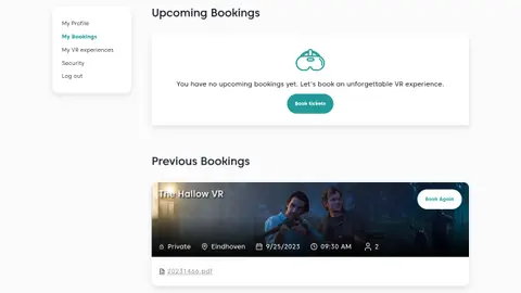 A page showing the user's upcoming and previous bookings at The Park Playground