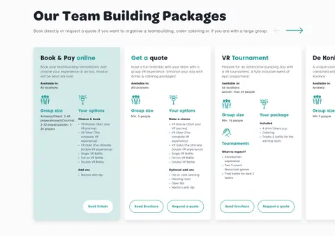 Multiple cards showing the available group activity packages at The Park Playground