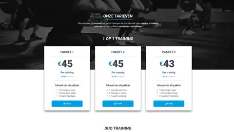 The pricing page of the Fitsolution Personal Training website