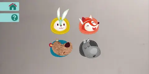 Lilliputiens app: The 4 available levels shown as buttons with cartoon animals on them