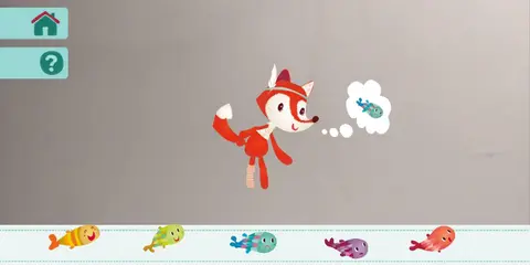 Lilliputiens app: The fox level. Feed the correct fish to the fox to win.