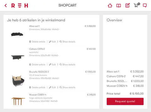 Recor Home app: The shopping cart