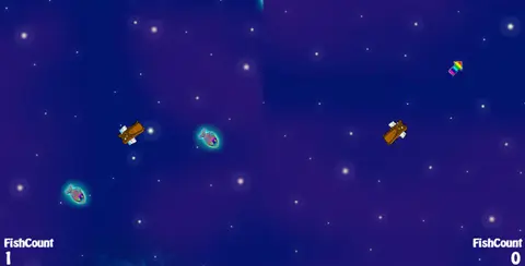 Space Bears: Main game UI: a split screen with two bears flying in space